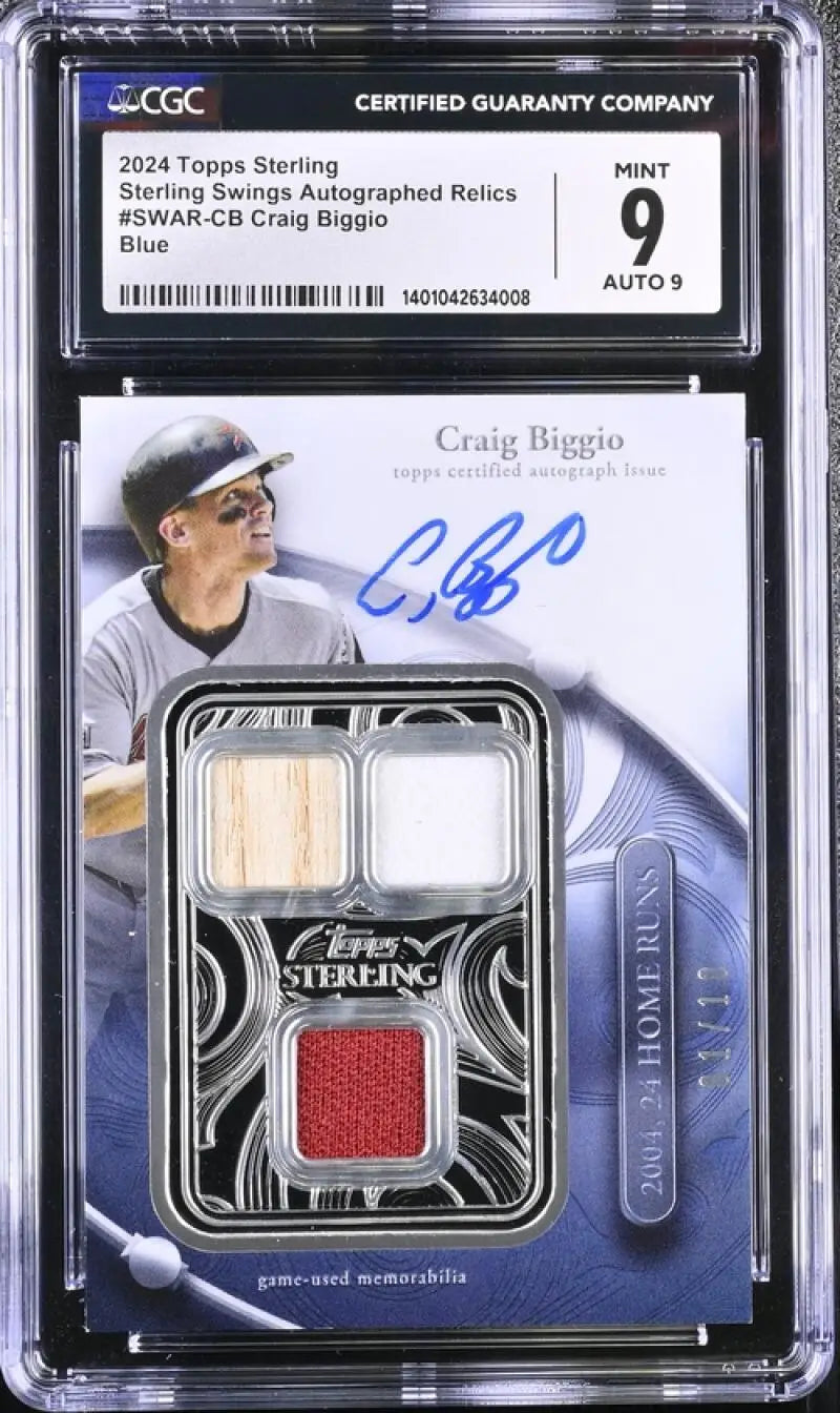 Graded Craig Biggio baseball card with autograph and memorabilia in protective case