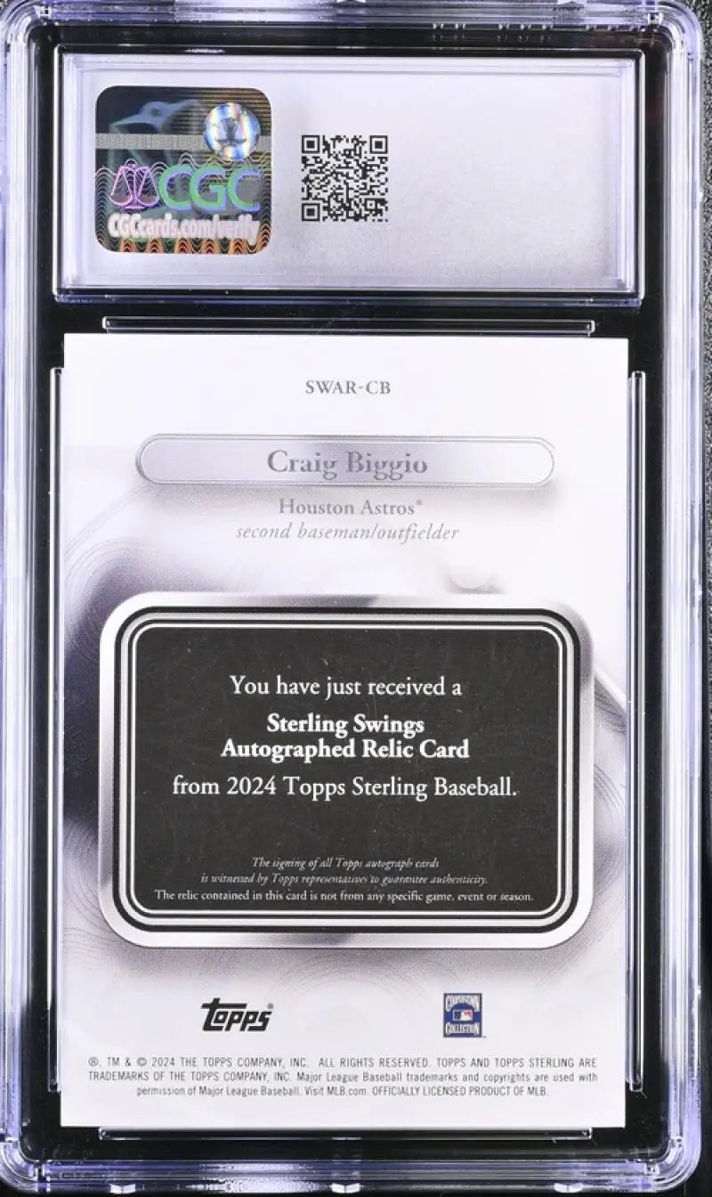 Back of 2024 Topps Sterling Swings Craig Biggio baseball card showing certification details