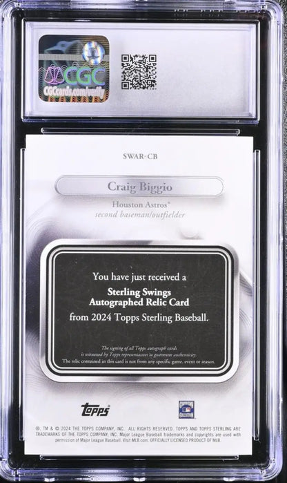 Back of 2024 Topps Sterling Swings Craig Biggio baseball card showing certification details