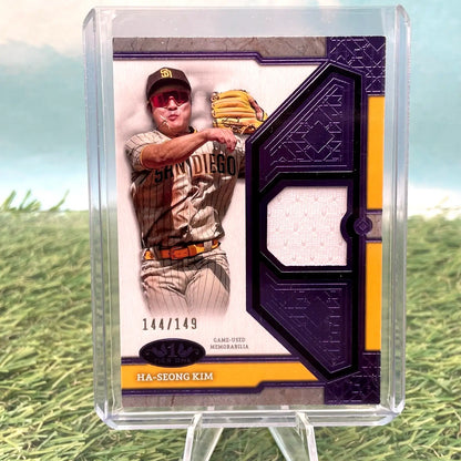 Ha-Seong Kim baseball card from 2024 Topps Tier One San Diego Padres Kim Single Relic Purple Foil