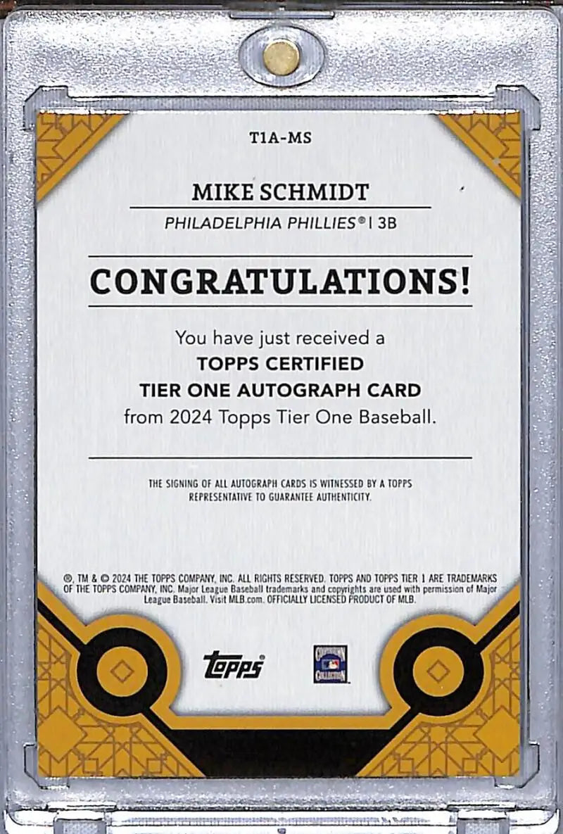 Mike Schmidt Topps Tier One Autographed Card 5/10 Philadelphia Phillies Baseball Card