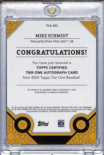 Mike Schmidt Topps Tier One Autographed Card 5/10 Philadelphia Phillies Baseball Card