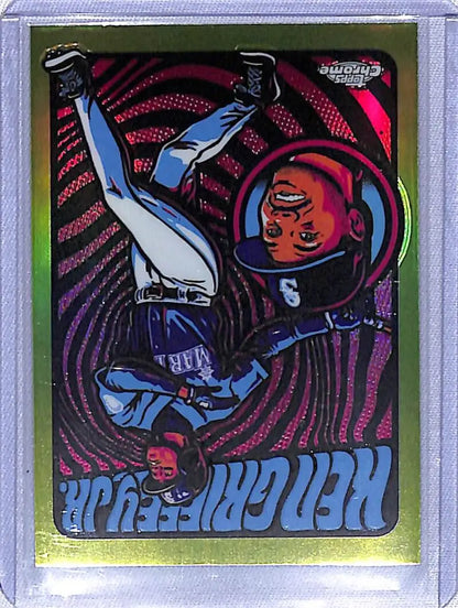 Ken Griffey Jr acrobatic flip comic illustration on 2024 Topps Ultra Violet trading card