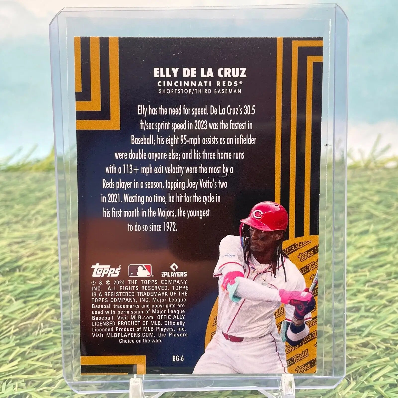 Elly De La Cruz batting on the back of a 2024 Topps Update Black Gold trading card