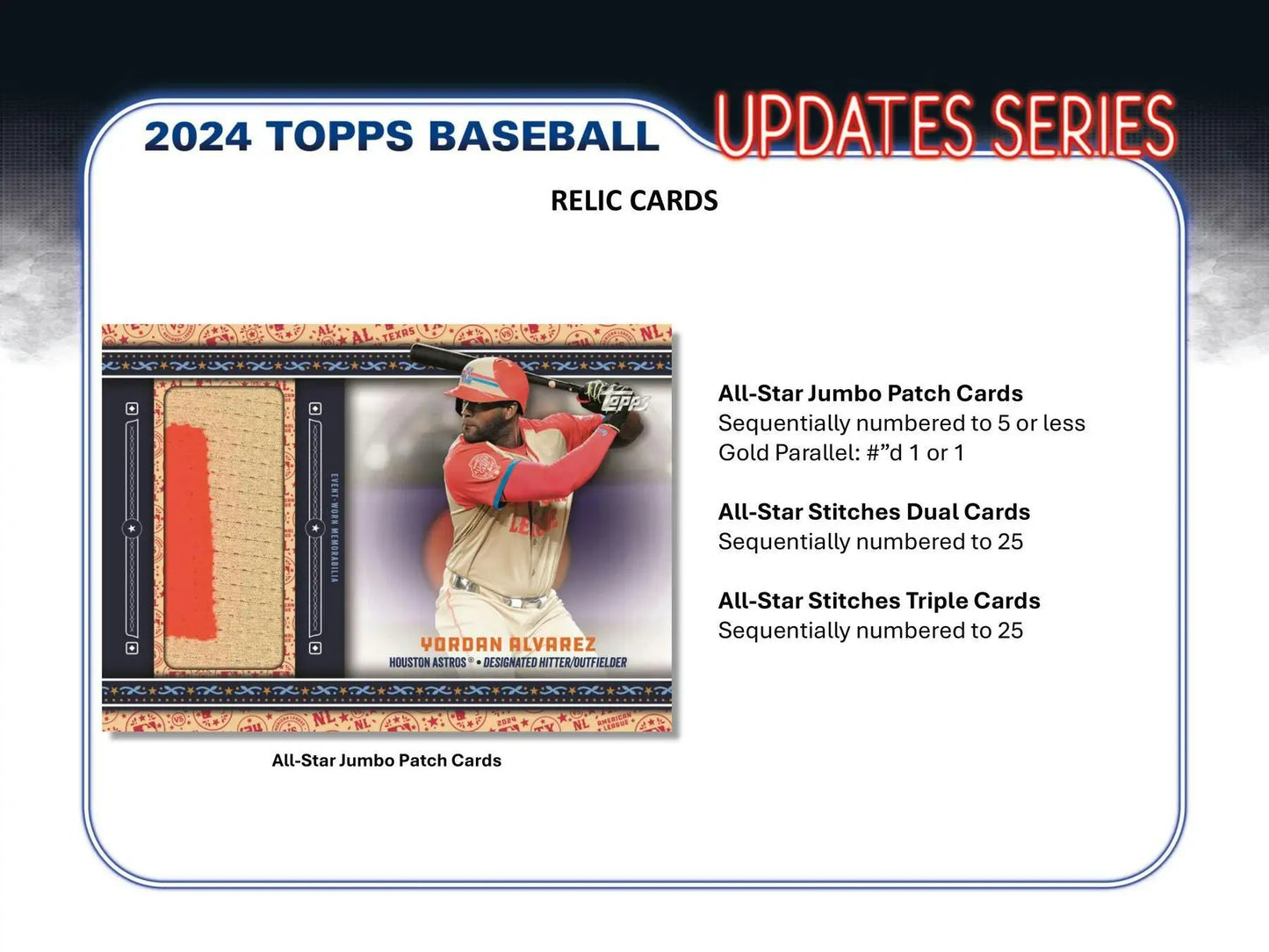 Baseball card featuring player in red uniform with game-used material in 2024 Topps Update Series