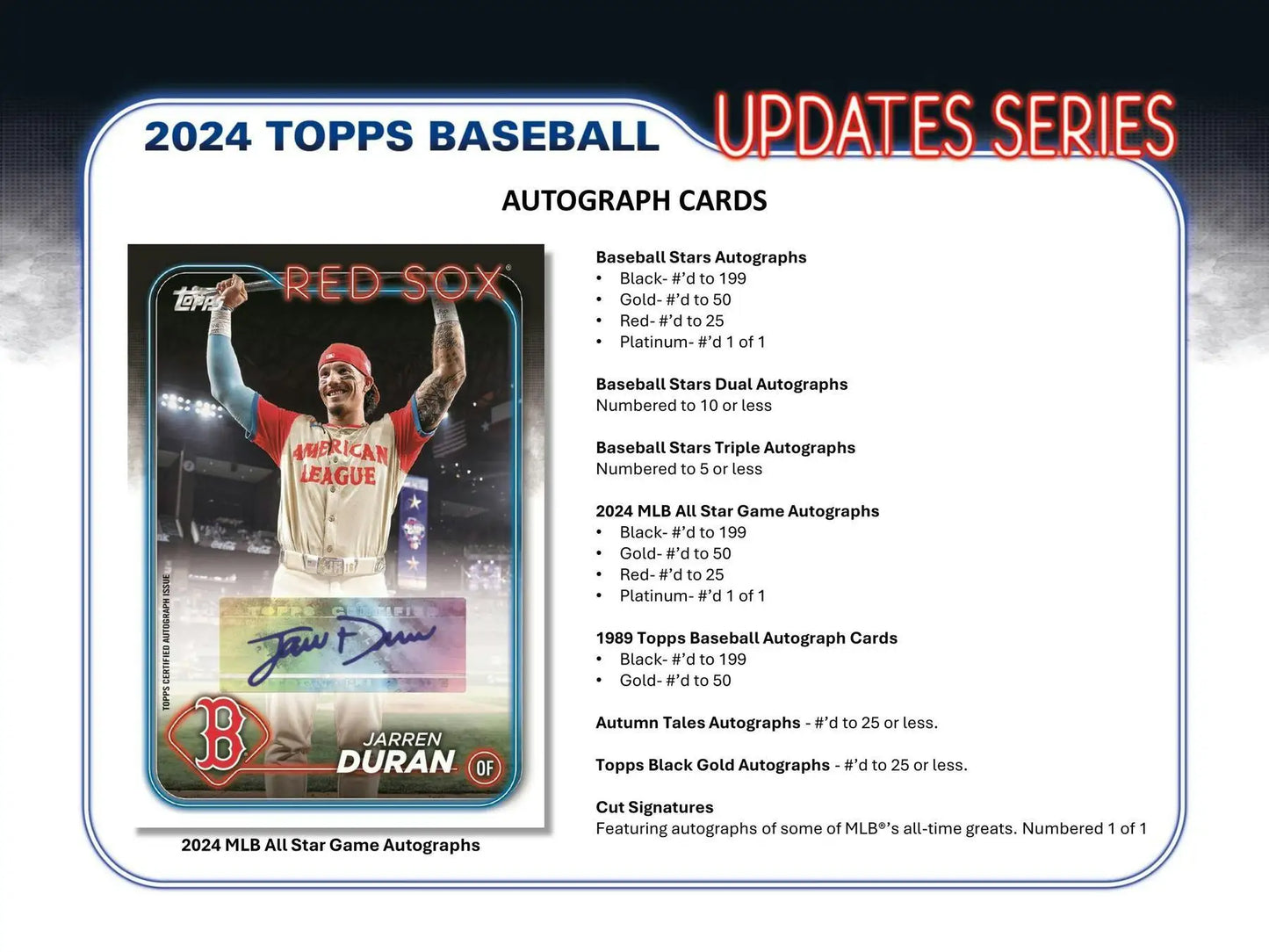 Marketing display card for 2024 Topps Baseball Update Series with blue parallel details