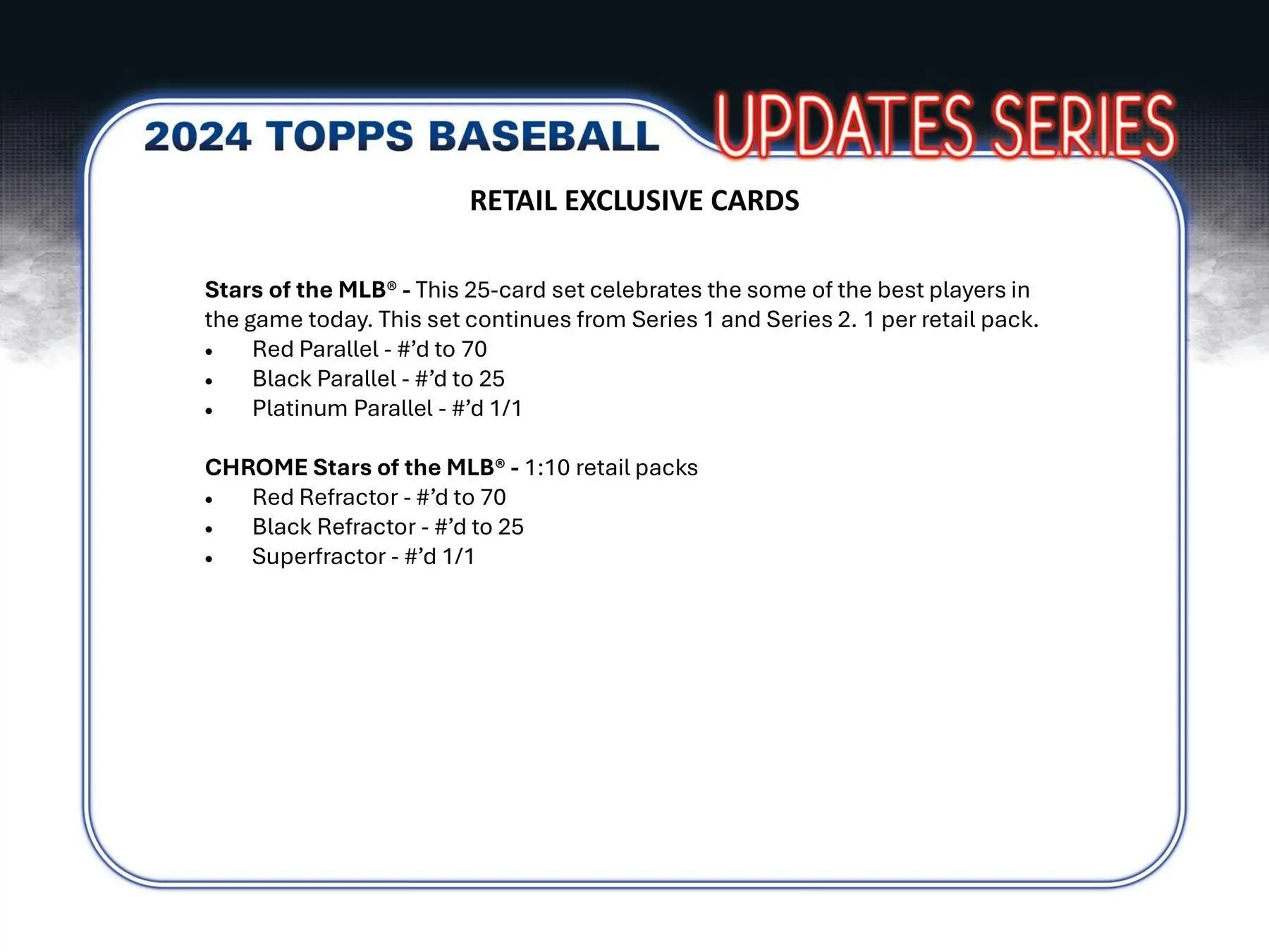 Product information card for 2024 Topps Baseball Updates Series retail exclusive blue parallel