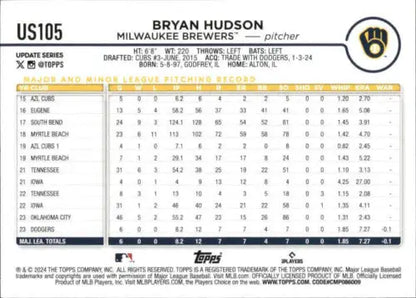 Baseball card statistics for 2024 Topps Update US105 Bryan Hudson NM-MT RC Rookie Brewers