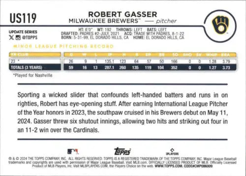 2024 Topps Update US119 Robert Gasser baseball card with original gloss, Brewers rookie