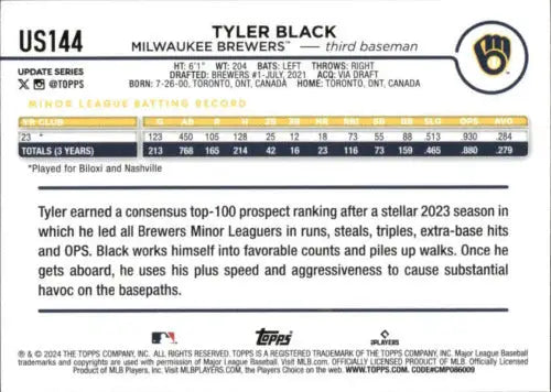 Tyler Black baseball card from 2024 Topps Update US144 featuring original gloss finish