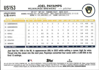 2024 Topps Update US153 Joel Payamps baseball card with original gloss for Brewers fans