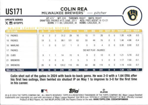 2024 Topps Update US171 Colin Rea baseball card with original gloss for Brewers fans