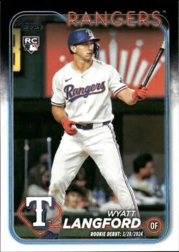 Baseball card of US341 Wyatt Langford in a Rangers uniform from Topps Update