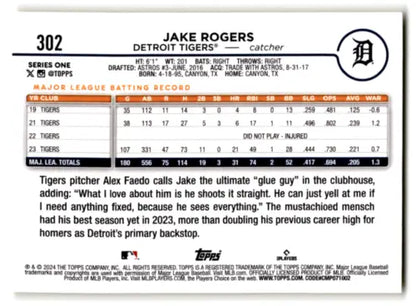 2024 Topps Yellow #302 Jake Rogers baseball card with original gloss for Tigers fans