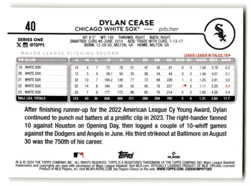 Dylan Cease baseball card featuring Topps Yellow original gloss for White Sox collectors