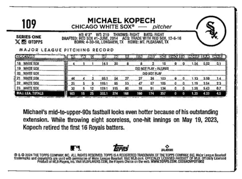 Michael Kopech baseball card featuring original gloss in Topps Yellow Foil design