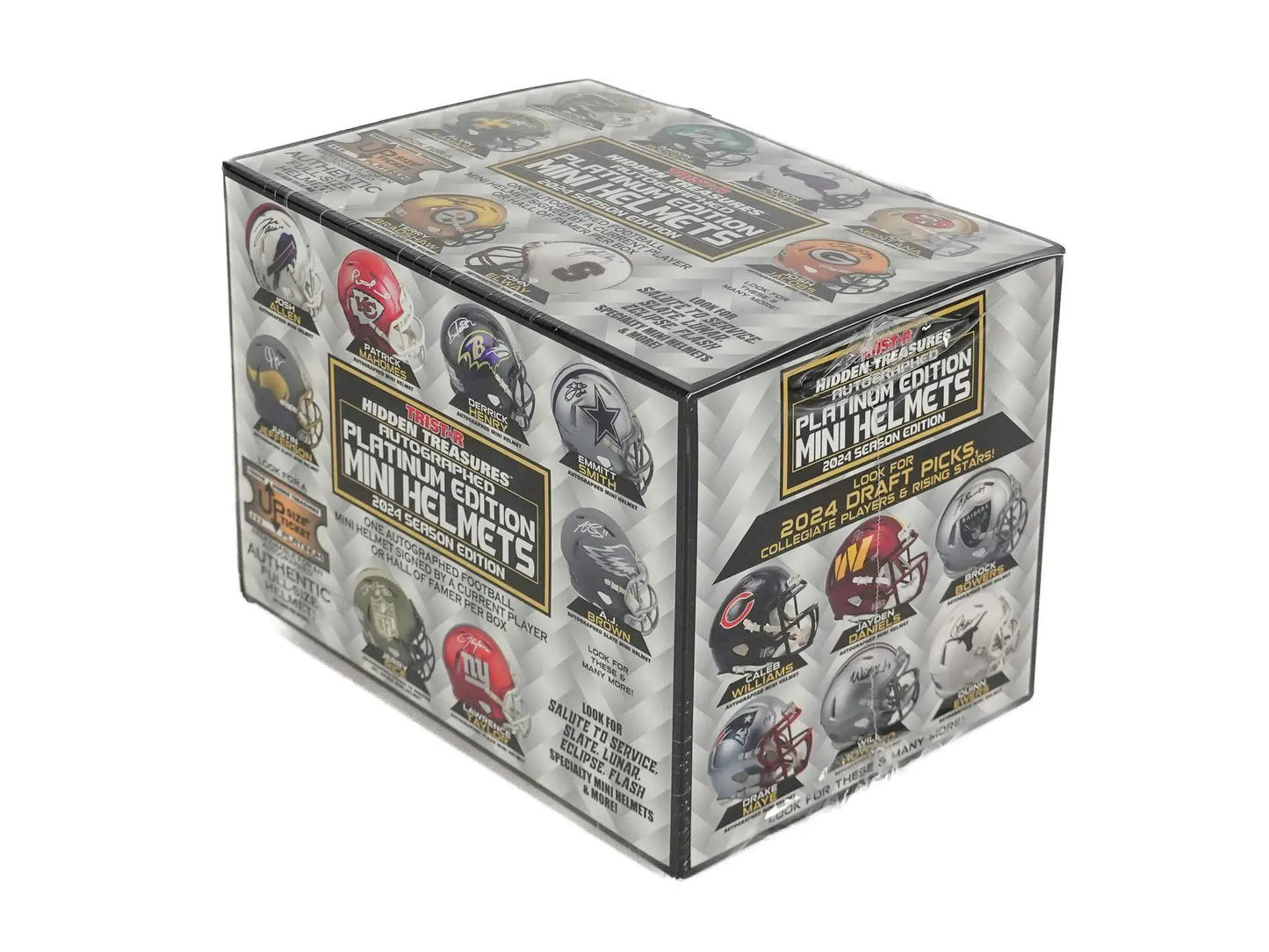 Box of NFL vintage-style mini helmets in 2024 TriStar Autograph Platinum Edition