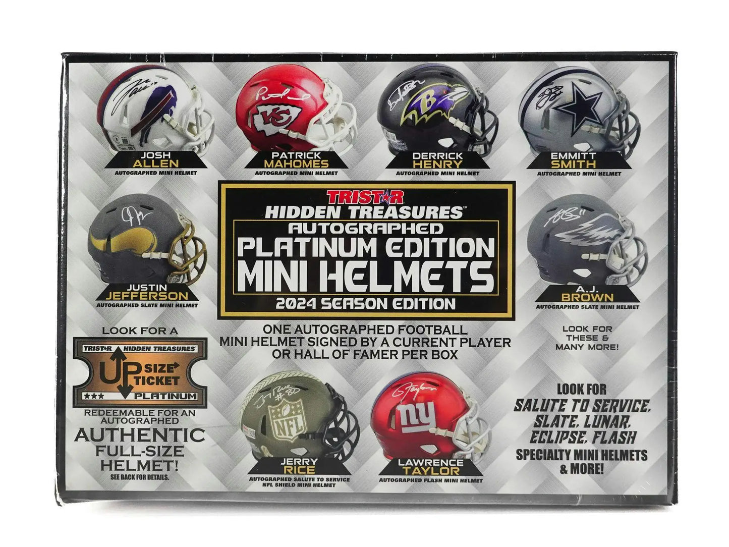 Display box of NFL team mini helmets in 2024 TriStar Autograph Platinum Edition