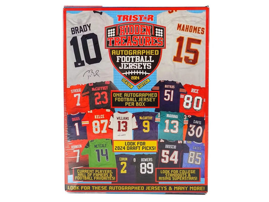 Tristar Hidden Treasures autographed football jersey retail box with NFL player jerseys