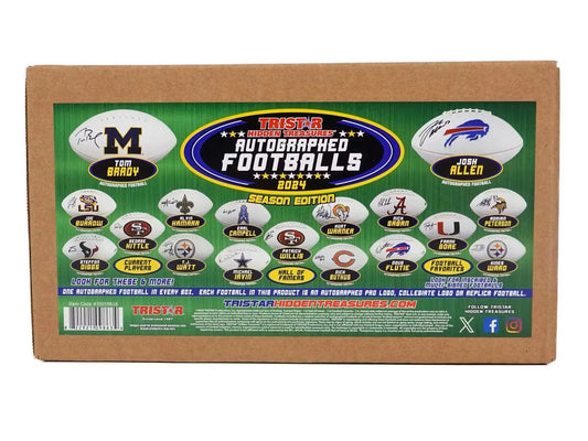 Display board of TriStar Hidden Treasures autographed football team logos and emblems