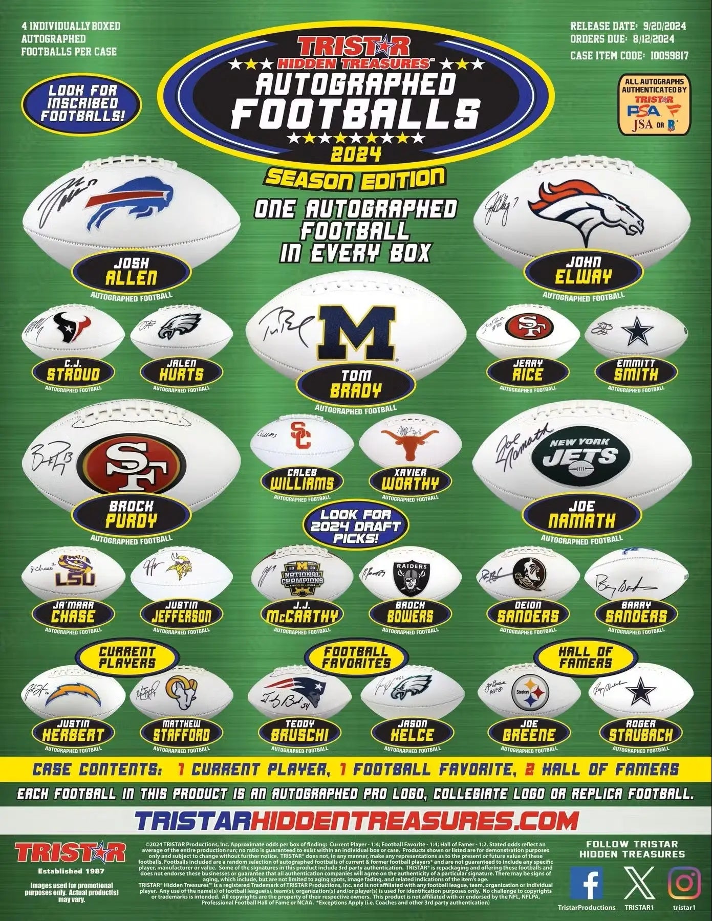 Advertisement for TriStar Hidden Treasures autographed football collectibles with team logos