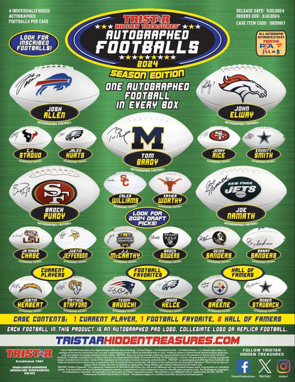 Advertisement for TriStar Hidden Treasures autographed football collectibles with team logos