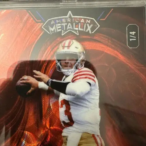 Football card of quarterback Brock Purdy from Wild Card American Metallix series