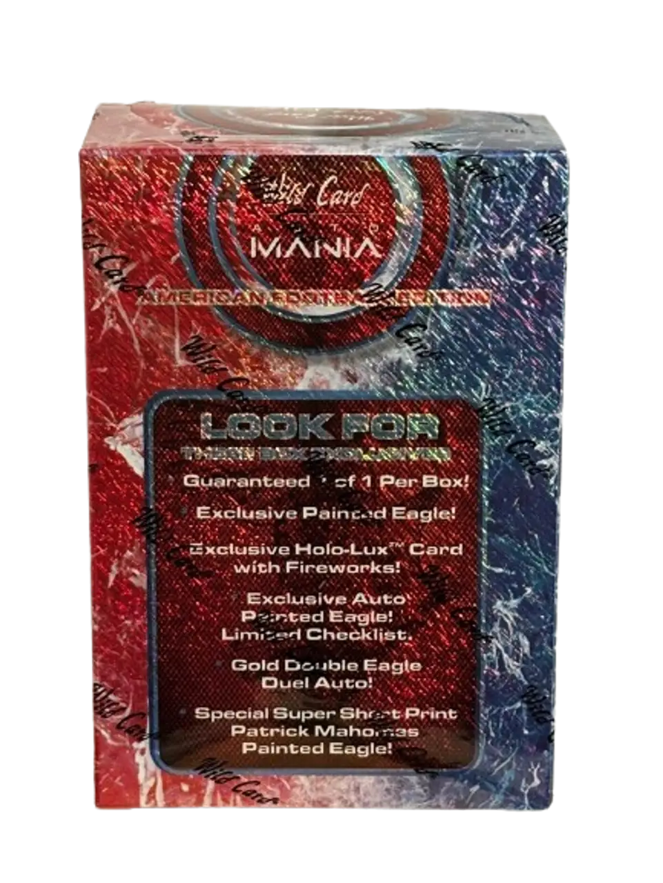 Red and blue Matrix box for 2024 Wild Card Auto Mania with painted eagle trading cards