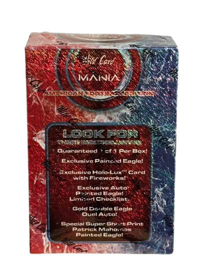 Red and blue Matrix box for 2024 Wild Card Auto Mania with painted eagle trading cards