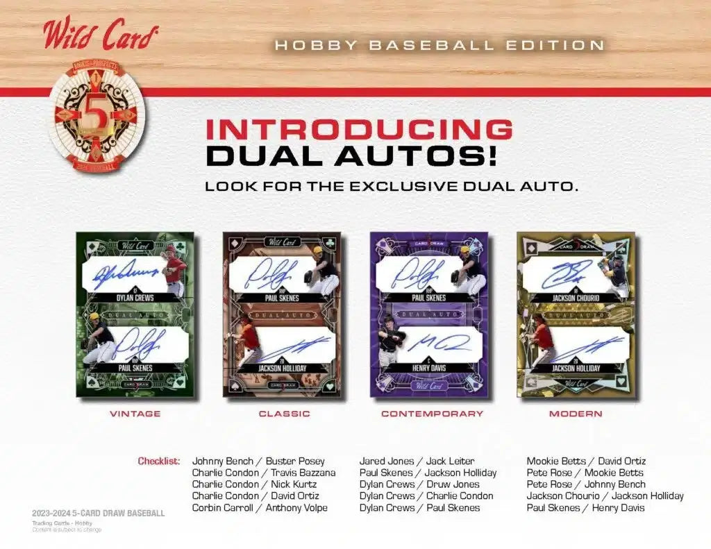 Wild Card baseball card dual autographs featuring designs with Ethan Holliday and more