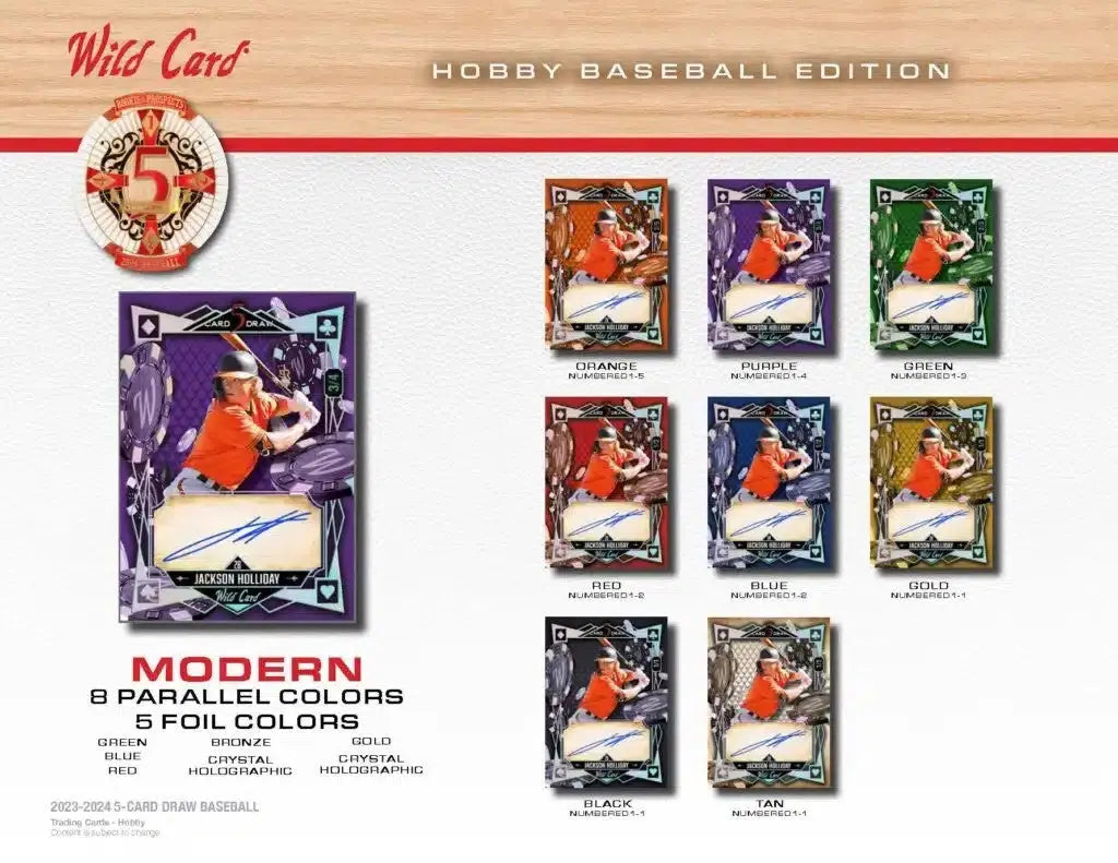 Baseball card display showcasing Ethan Holliday variations in 2024 Wild Card Hobby Box