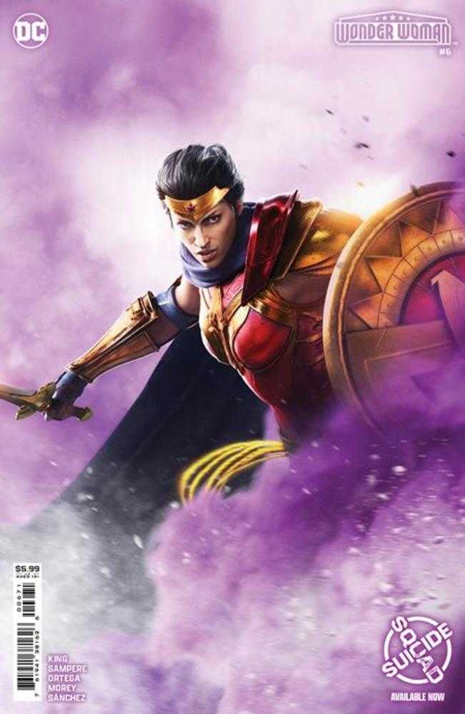 Superhero in red and gold armor on Wonder Woman #6 trading card with purple mist