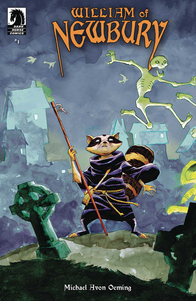 Raccoon wizard in purple robe and staff featured in William Of Newbury trading cards