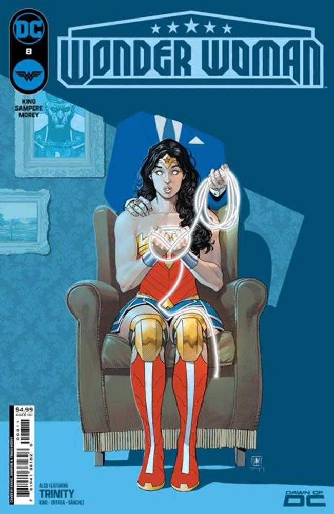 Wonder Woman #8 cover art featuring a figure in red armor and boots on a gray chair