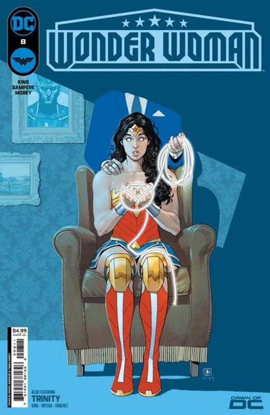 Wonder Woman #8 cover art featuring a figure in red armor and boots on a gray chair