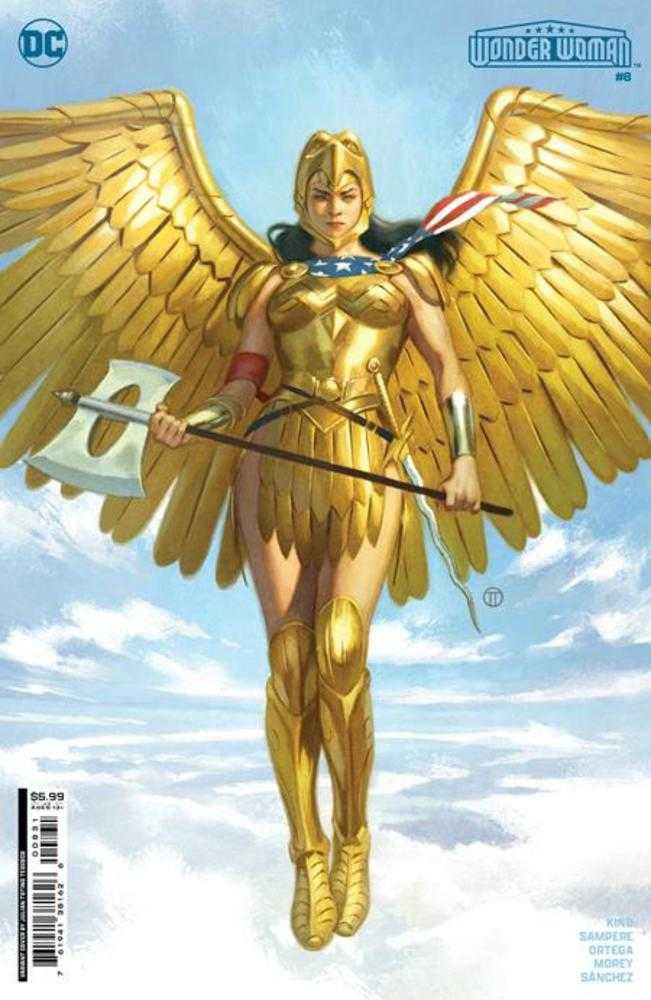 Golden-armored warrior with wings hovers on Wonder Woman #8 trading card variant