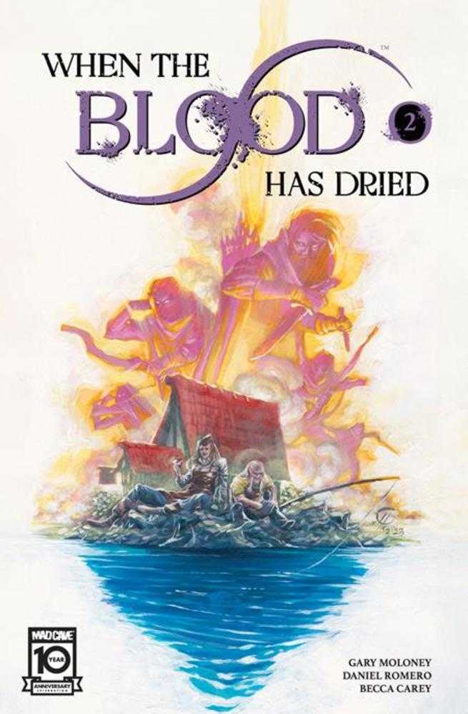 Comic book cover for When The Blood Has Dried #2 with a burning ship and purple flames