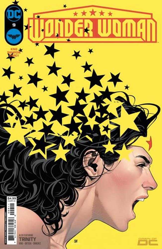 Comic book cover of Wonder Woman #9 featuring silhouette and stars, ideal for trading cards