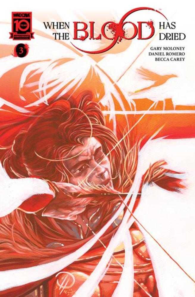 Comic book cover art of When The Blood Has Dried #3 in dramatic red and white tones