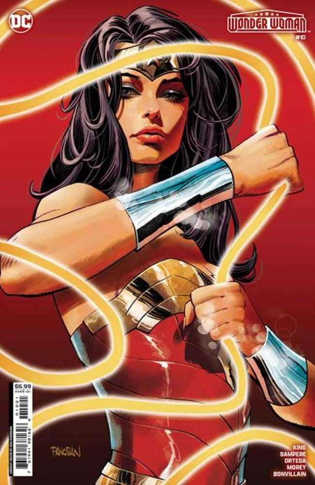 Wonder Woman #10 Cover C artwork showcases a warrior with a lasso on trading cards