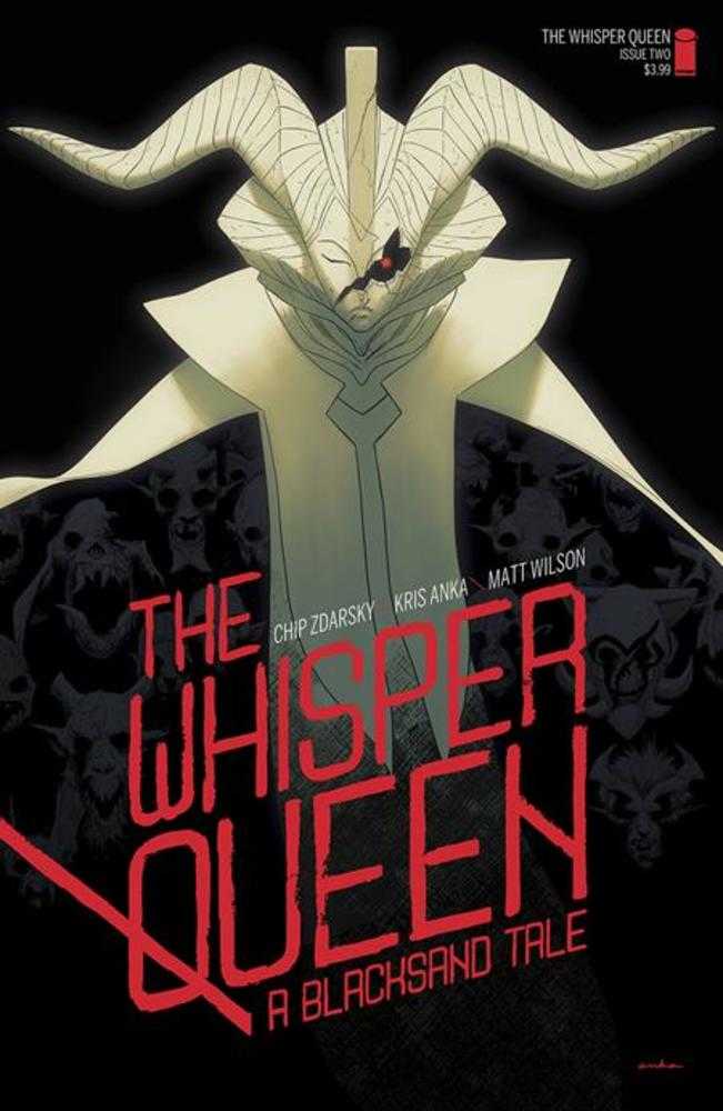 Pale moth-like creature with curved horns on Whisper Queen #2 cover by Kris Anka