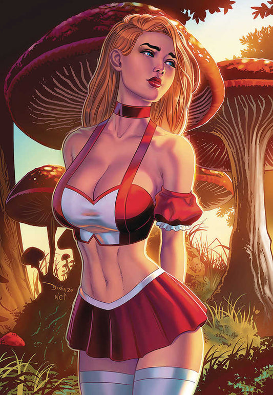 Fantasy illustration of woman in red and white outfit with mushrooms for trading cards