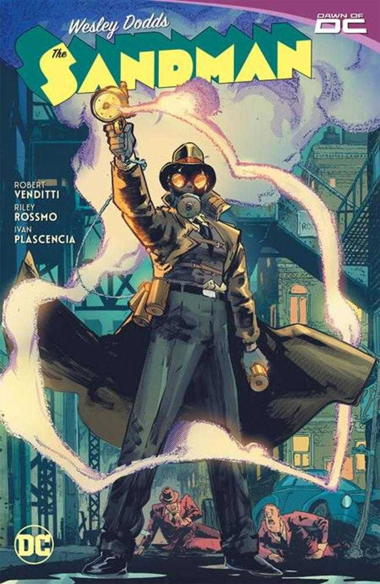 Comic book cover of Wesley Dodds in steampunk gear with glowing staff for trading cards