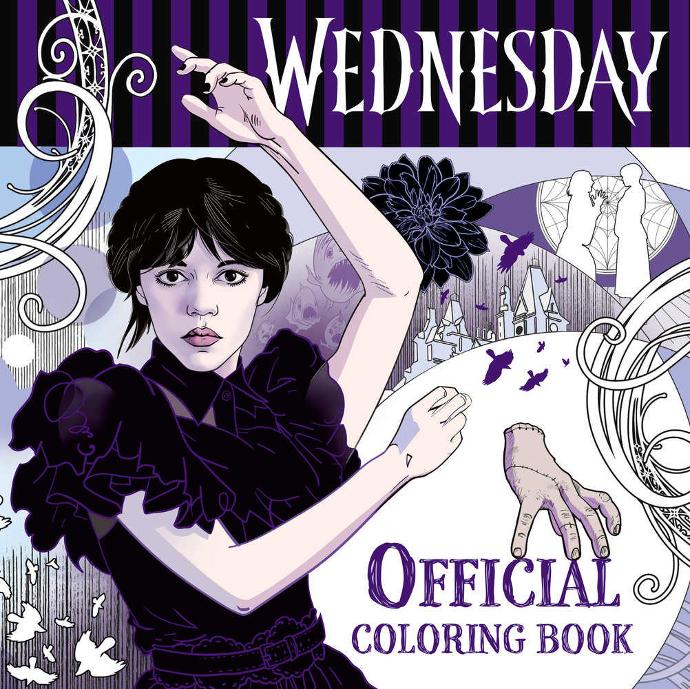 Cover artwork for Wednesday Official Coloring Book featuring a gothic character in purple and black