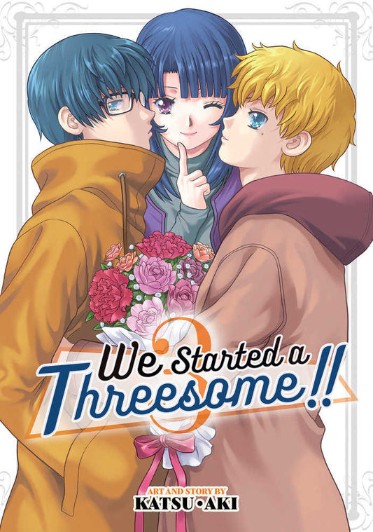 Manga cover for We Started A Threesome!! Volume 3 featuring anime characters and roses