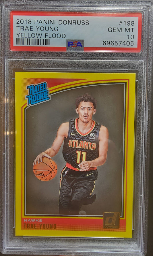 PSA-graded Trae Young 2018 Donruss #198 Yellow Flood Gem Mint basketball trading card