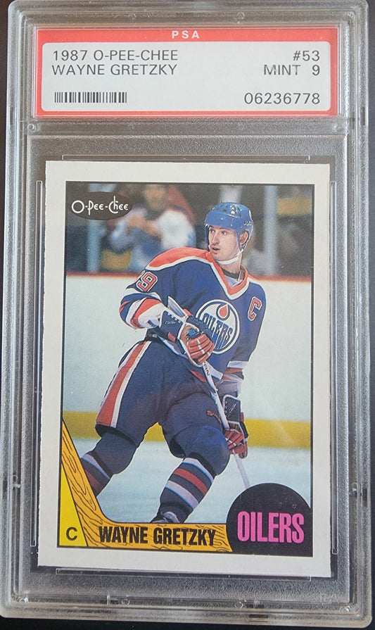 PSA-graded 1987 O-Pee-Chee Wayne Gretzky trading card in protective case