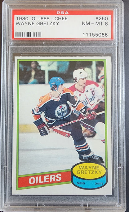 Wayne Gretzky 1980 O-Pee-Chee trading card PSA 8 Nm-Mint featuring Oilers player