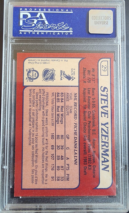 PSA-graded Steve Yzerman 1985 O-Pee-Chee trading card with detailed stats on red back