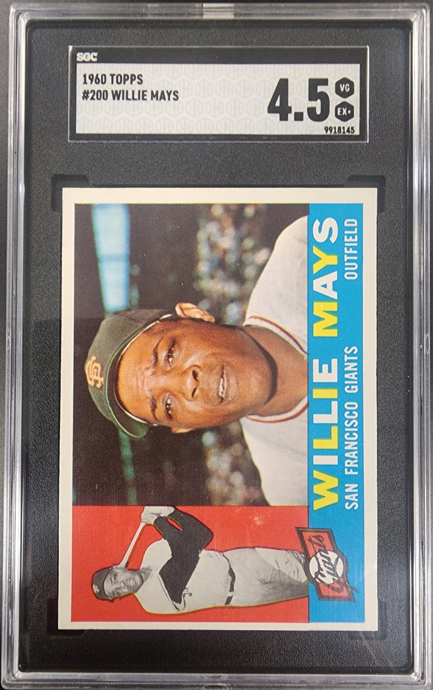 Willie Mays 1960 Topps #200 baseball card in case with 4.5 SGC rating for trading cards